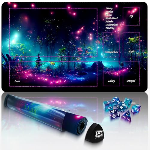 Extalas MTG Playmat TCG Playmat – Inklusive Aufbewahrungsröhre und 7 Würfel-Erlebnis-Qualität und Kantenverriegelung, wasserdichte und rutschfeste Matte! (Spielmatte mit Zonen, lila Fluoreszenz2) von Extalas