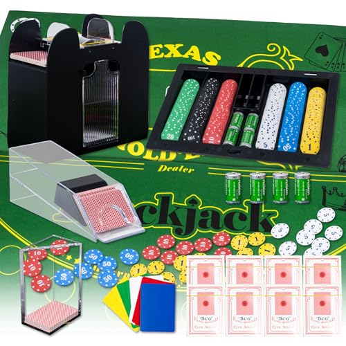 Casino Tischspiel-Set, Blackjack/Texas Hold'em/Poker-Set mit Kartenschuh, Entsorgungsablage, automatischem Mischer, Chip-Rechen, 360 Chips, 8 Deck-Spielkarten, doppelseitiger Filz (grün), 10 von Extguds