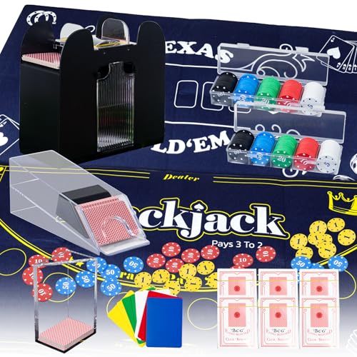 Extguds Casino Poker-Set, Blackjack/Texas Hold'em/Poker-Set mit Kartenschuh, Abwurffach, automatischer Mischer, 200 Chips, 6 Deckkarten, doppelseitiger Filz (blau), 10 geschnittene Karten von Extguds