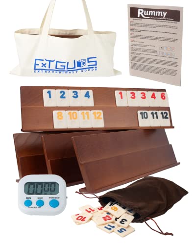 Extguds Deluxe Rommé-Würfel-Spiel-Set, 106 Spielsteine, Rommé-Würfel-Spiel, klassisches Rommé-Spiel aus Holz, mit 4 handgefertigten Holzregalen, tragbarer Canvas-Tasche, Rommé-Fliesen, Reiseset für Extguds Deluxe Rommé-Würfel-Spiel-Set, 106 Spielsteine, Rommé-Würfel-Spiel, klassisches Rommé-Spiel aus Holz, mit 4 handgefertigten Holzregalen, tragbarer Canvas-Tasche, Rommé-Fliesen, Reiseset für von Extguds