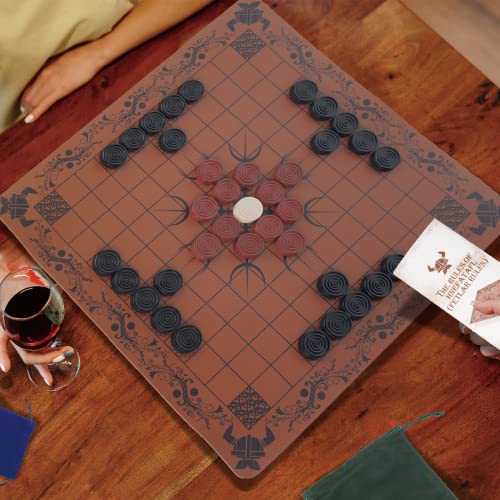 HNEFATAFL: Wikinger Schachbrettspiel, authentisches traditionelles Zwei-Spieler-Strategie-Brettspiel, Reisespiele mit Lederschachbrett, Lederspielbrett+37 Stück+eine Spielstrategie+2 von Extguds