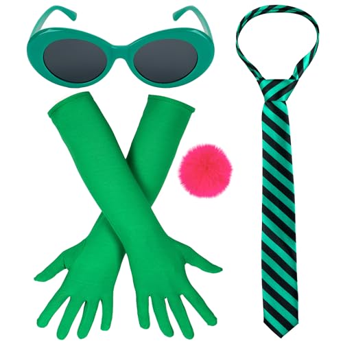 Halloween-Kostüm-Zubehör, gestreifte Krawatte, grüne Sonnenbrille, lange Handschuhe, rosa Pompom-Bälle, Anstecknadel, Cosplay, Party, Grün, 4 Stück Halloween-Kostüm-Zubehör, gestreifte Krawatte, grüne Sonnenbrille, lange Handschuhe, rosa Pompom-Bälle, Anstecknadel, Cosplay, Party, Grün, 4 Stück von Eybila