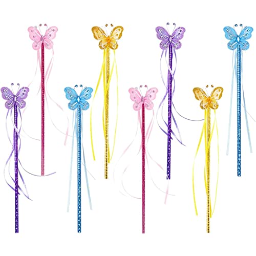 8 Stück Schmetterling Magie Fairy Zauberstab Prinzessin Glitzer Zauberstäbe mit Bändern für Mädchen Prinzessin Kostüm Requisiten Rollenspiel Kinder Magie Shows Cosplay Butterfly Party bevorzugt von Eyccier