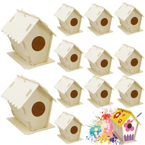 Eyccier 12 -pcs -Vogelhaus, DIY -unbemalte Holzvogelhäuser mit runden Loch und hängende Haken, Exquisite kleine Gebäude für Garten oder Raumdekoration im Freien. von Eyccier