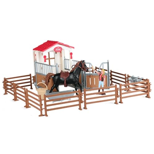 Eyccier Pferdespielzeug realistisches Plastikpferd Stall -Spielset mit Zaun, Figuren, Pferdestelle, Spielpferd Pferd Stall Set tragbares Farmspielzeug für Jungen Mädchen von Eyccier