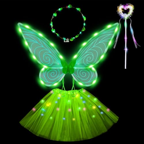 Eyezeeption Faschingskostüme Kinder Tinkerbell Feen Kostüm Feenflügel mit LED, Elfen Kostüm Fasching Waldfee Engel Kostüm Kinder für Karneval Halloween (Grün) von Eyezeeption