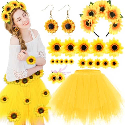 Eyezeeption Gelber Tüllrock Damen Fasching Sonnenblume Kostüm Damen, Sonnenblumen Haarreifen Damen Sonnenblumen Armband Tüllrock Gelb Sonnenblumen Ohrringe für Karneval (Gelb) von Eyezeeption