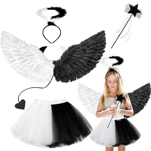 Karneval Kostüm Damen Engelsflügel Schwarz Weiß Engel Kostüm Mädchen, Teufel Kostüm Damen Engel Kostüm Kinder Zauberstab Engelsflügel für Halloween und Karneval Party Cosplay (Schwarz) von Eyezeeption