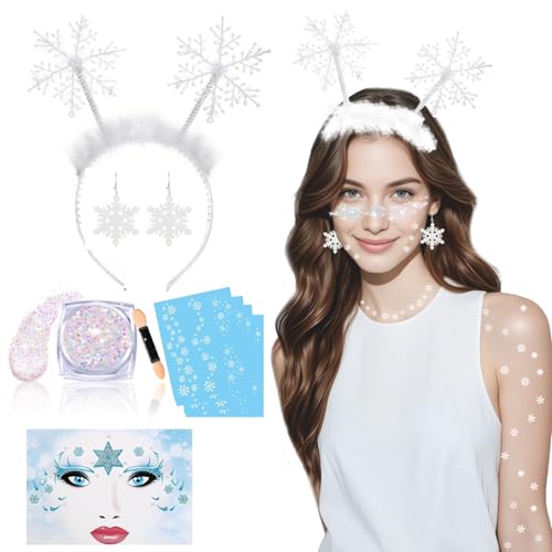 Schneeflocken Kostüm Damen, 6 Set Kostüm Schneeflocke Haarreif Fasching Weihnachten Schneeflocken Ohrringe Schneeflocken Haarreif Schneeflocke, Schneeflocken Haarschmuck Schneeflocken Tattoo Gesicht von Eyezeeption