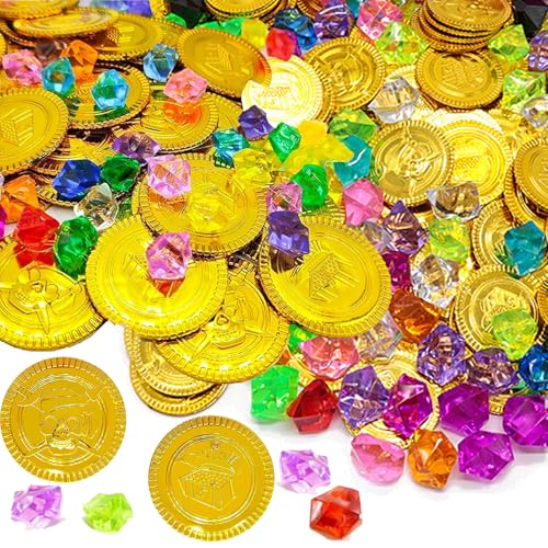 100 Stück Piratenschatz Set mit 50 Goldmünzen und 50 Edelsteine,für Piraten Deko Mitgebsel,Piratenparty Kindergeburtstag,Schatzsuche Kindergeburtstag,Halloween Abenteuer Themen Event Party Zubehör von Eymobad