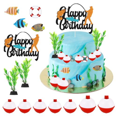 14pcs Angler Cake Topper Set,Kuchendekoration Kindergeburtstag Angeln Theme Party Tortendeko,mit Mini Fisch Figuren Ornament,für Jungen Mann Geburtstagsparty Kuchen Dekoration von Eymobad