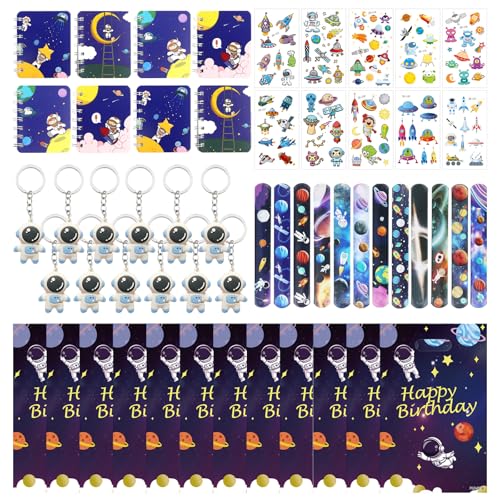 62 pcs Weltraum Kindergeburtstag Mitgebsel Set,Astronaut Party Gastgeschenke Kinder, mit Schlüsselanhänger Schnapparmbänder Geschenktüten Aufkleber Notizbuch,für Astronaut Kindergeburtstag Deko von Eymobad