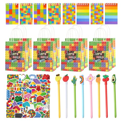 74 Pcs Bausteine Mitgebsel Kindergeburtstag, Bausteine Geburtstag mit Gelstiften Notizbuch Geschenktüte Aufkleber Geschenk für Kindergeburtstag,Building Bricks Give Aways Regenbogen Party Geschen von Eymobad