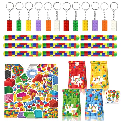 86Pcs Bausteine Geburtstag Mitgebsel Kindergeburtstag,12 Kinder Slap Armbänder,12 Schlüsselanhänger ,12 Geschenktüte und 50 Aufklebers,DIY Blöcken Themen Party Geschenk für Kinder Jungen Mädchen von Eymobad