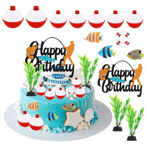 Angeln Kuchen Dekoration Set,Angeln Geburtstag Party Dekorationen,Fischer Kuchen Deko mit Mini Fisch Figuren Ornament,DIY Dekoration für Jungen und Männer, Geburtstagsparty von Eymobad