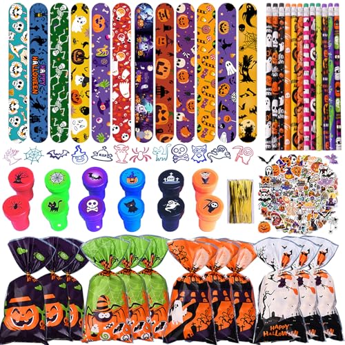 Eymobad 136Pcs Halloween Party Mitgebsel Kindergeburtstag Set,Halloween Kinder Gastgeschenke Give Aways mit Slap Armbänder Stempel Bleistifte Aufkleber,Party Favor Spielzeug Geschenk von Eymobad