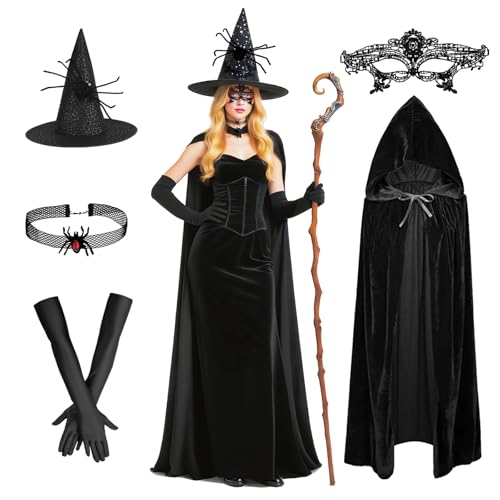 Eymobad 5 Stück Witch Costume Women,Halloween Kostüm Damen Hexe,Halloween Hexen Outfit,halloween vampir umhang hexe set,Karneval Hexen Umhang Fasching Mottoparty Kostümzubehör für Damen Frauen von Eymobad
