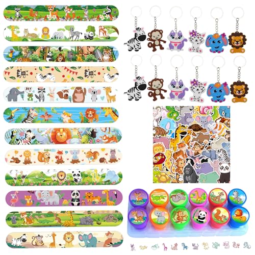 Eymobad 76Pcs Tiere Party Mitgebsel Kinder,Dschungel Geburtstag Gastgeschenke mit Tier Schnapparmband Schlüsselanhänger Stempel Aufkleber,Tiere Party Zubehör für Junge Mädchen Geburtstags Geschenke von Eymobad