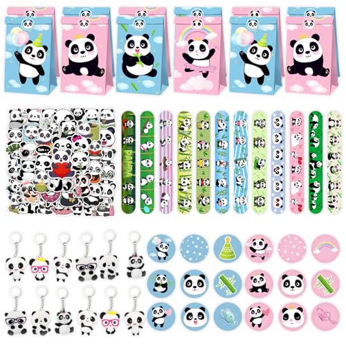 Eymobad 86 Stück Panda Party Favour Supplies,Kindergeburtstag Gastgeschenke Panda Set,Mit Schlüsselanhänger Geschenktüten Aufklebe Armbänder, für Panda Geburtstag Party Deko von Eymobad