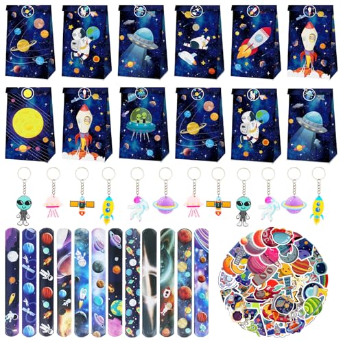 Eymobad 86 Stück Weltraum Party Mitgebsel Kindergeburtstag,Astronaut Party Gastgeschenke mit Schlüsselanhänger Schnapparmbänder Geschenktüten Aufkleber für Kinder Jungen Mädchen Geburtstagsdeko von Eymobad