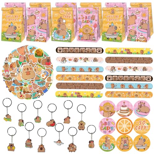 Eymobad 86PCS Capybara Cartoon Geburtstag Geschenk Set,Capybara Kinder Geburtstag Party Geschenke,Capybara Party Favour Supplies mit 12 Geschenktüten 12 Armband 12 Schlüsselanhänger 50 Sticker von Eymobad