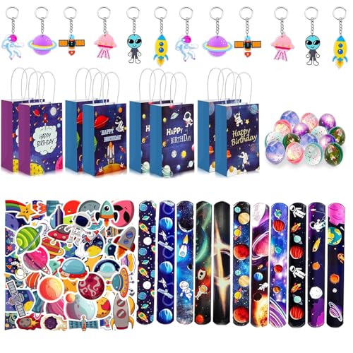 Eymobad 98 Stück Astronaut Mitgebsel Set, Weltraum Kinder Mitgebsel,Weltraum Geschenktüten Schlüsselanhänger Hüpfball Schnapparmbänder Tattoo-Aufkleber Kinder Jungen Mädchen Geburtstagsdeko von Eymobad