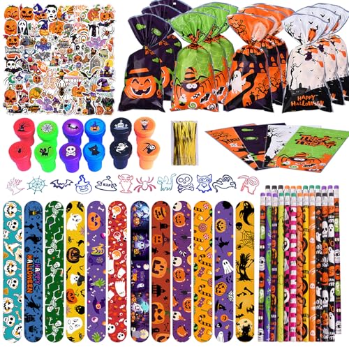 Eymobad Halloween Mitgebsel Party Mitbringsel,136 Stück Halloween-Schreibwaren-Geschenksets,Armbänder,Stempel,Bleistifte, H-alloween Goodie Bag,Aufkleber für Kindergeburtstag von Eymobad