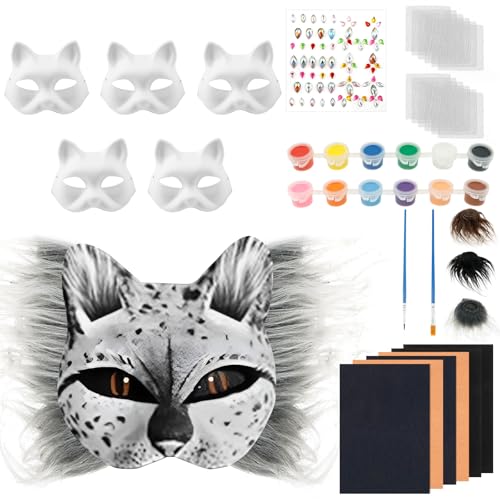 Eyoulife 6 Stück Katzenmaske DIY Papier Überstreichbar, Therian Mask mit Kunstpelz Gaze Aufkleber Bürste Pigment, Katzenmasken für Halloween Karneval Rollenspiele Maskerade (Hellgrau) von Eyoulife