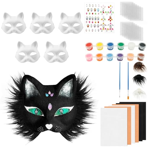 Eyoulife 6 Stück Katzenmaske DIY Papier Überstreichbar, Therian Mask mit Kunstpelz Gaze Aufkleber Bürste Pigment, Katzenmasken für Halloween Karneval Rollenspiele Maskerade (Schwarz) von Eyoulife