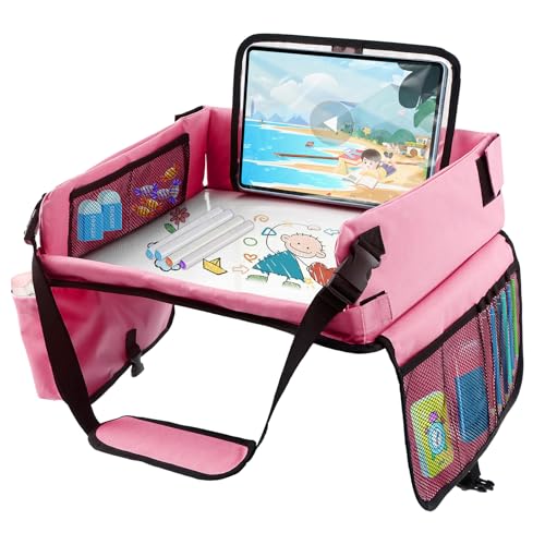Eyoulife Reisetisch Kindersitz Faltbar 40x33x29cm, Reisetisch Auto Kinder mit Abwischbar Zeichnung Desktop, Netzbeutel, Transparente Tasche, Aufkleber, Knietablett Kinder Auto, für Reisen (Rosa) von Eyoulife