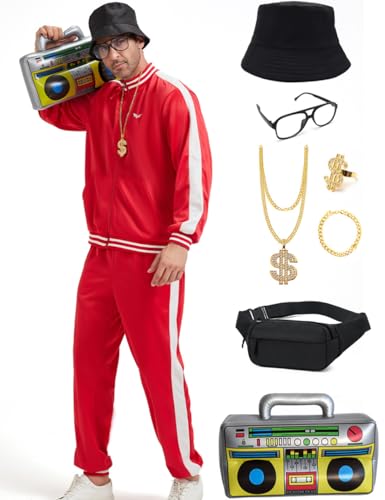 Ezuwail 90er Jahre Herren Outfit - 80er Jahre Mottoparty Kostüm - Trendy Outfits - Trainingsanzug 9Stk (Rot/XL) von Ezuwail