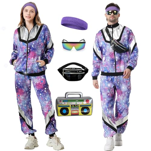 Ezuwail 80er 90er Jahre Outfit Herren Damen, Kostüm 80s Tracksuit Disco Jacke und Hose, 80s 90s Retro Anzug Jogging Anzug Unisex mit Gürteltasche Brille für Bad Taste Party, Karneval (Lila, L) von Ezuwail
