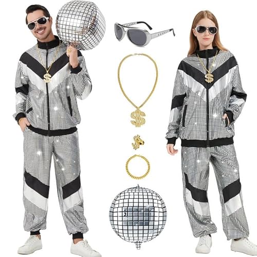 Ezuwail 80er Jahre Outfit Damen Herren，80er Trainingsanzug，Jogginganzug，80er Kleidung，Sportanzug，Retro Kostüm Für Halloween Karneval 7Pcs(Silber/S) von Ezuwail