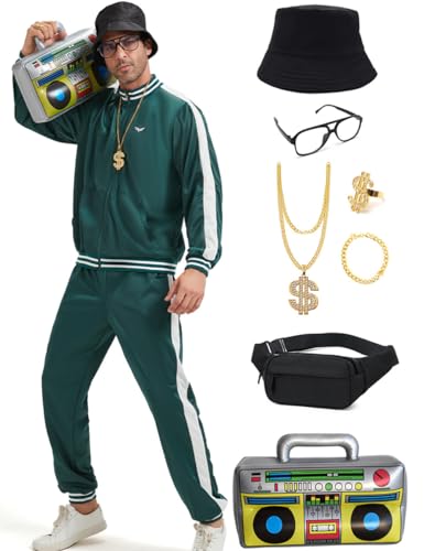 Ezuwail 80er Jahre Trainingsanzug Herren Retro Hip Hop Kostüm Cosplay Outfit 90er Halloween Karneval Sportanzug Jogginganzug 9Stk(Grün/L) von Ezuwail