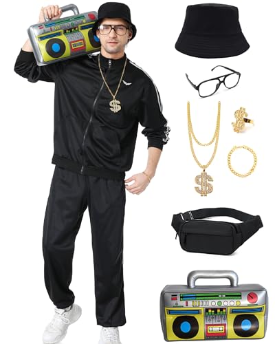 Ezuwail 80er Outfit Herren 90er Jahre Trainingsanzug Halloween Karneval Kostüm Hip Hop Sportanzug Hippie Jogginganzug 9Stk(Schwarz/M) Ezuwail 80er Outfit Herren 90er Jahre Trainingsanzug Halloween Karneval Kostüm Hip Hop Sportanzug Hippie Jogginganzug 9Stk(Schwarz/M) von Ezuwail