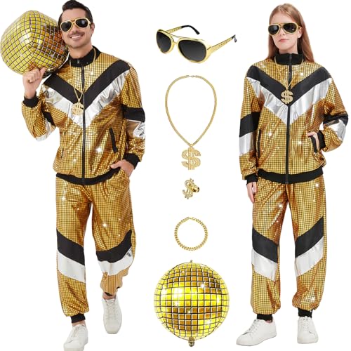 Ezuwail 80er Trainingsanzug Kostüm Damen Herren,Retro Disco Outfit,Jogginganzug,Faschingskostüme,Halloween Karneval Mottoparty Outfit 7Pcs(Gold/S) von Ezuwail