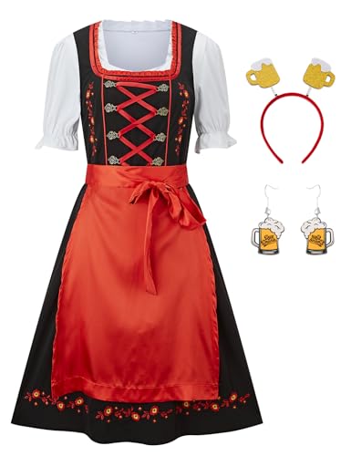 Ezuwail Damen Oktoberfest-Kostüm, 5-teiliges Dirndlkleider-Set, deutsches Oktoberfest-Kostüm, bayerisches Kostüm für Halloween, Rot/Ausflug, einfarbig (Getaway Solids), L von Ezuwail