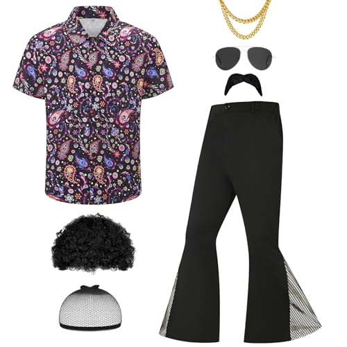 Ezuwail Herren 70er Jahre Disco Outfit Kostüm Kurzarmhemden Schlaghosen Perücken Halskette Schnurrbart Sonnenbrille 6Pcs von Ezuwail