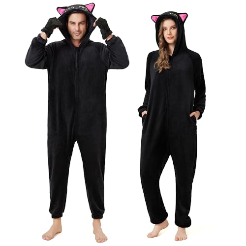 Ezuwail Katzen Onesie Damen Unisex Erwachsene Tier Kostüm Pyjama Fleece Flauschig Jumpsuit Damen für Cosplay Halloween Karneval von Ezuwail