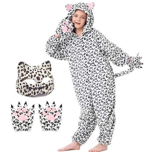 Ezuwail Schneeleopard Kostüm Kinder Gepard Strampler Mädchen Tier Pyjama Leoparden Onesie Halloween Cosplay Mädchen Jungen (Weiß, 150) von Ezuwail