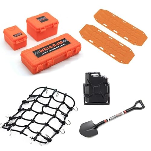 Ezweiji RC Crawler Zubehör, RC Crawler Dachdekoration 8 in 1 Tankaufbewahrungsbox, Gepäcknetz, Schaufel für Traxxas Slash Axial SCX10 90046 D90 TRX4 1/10 RC Crawler Car Truck Dachträger (Orange) von Ezweiji