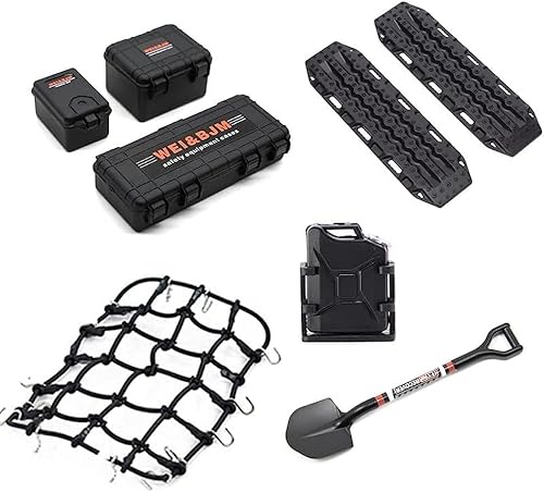 Ezweiji RC Crawler Zubehör, 1/10 Truck Dachträger Rc Zubehör Set 8 in 1 Tankaufbewahrungsbox, Gepäcknetz, Schaufel für Traxxas Slash Axial SCX10 TRX4 (Schwarz 1/10) von Ezweiji