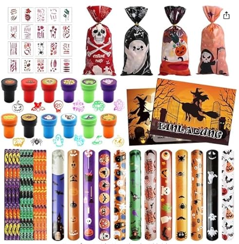 Ezydka Halloween Party Mitgebsel Set 98 Stück Halloween Kinder Gastgeschenke Give Aways mit Bleistifte Geschenktüten Radiergummi Aufkleber Slap Armbänder für Kinder Party Favors Pinata von Ezydka