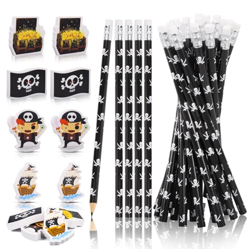Ezydka Piraten Bleistifte Set HB Bleistift mit Radiergummi Mitgebsel 24 Bleistifte und 8 Groß Radiergummis für Kinder Geburtstag, Schulanfang zum befüllen, Weihnachten oder Fasching von Ezydka