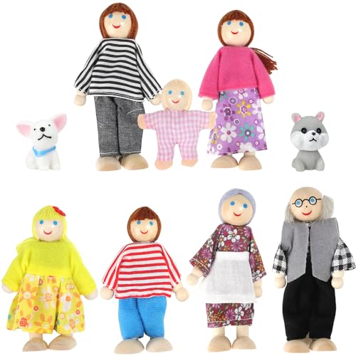 Ezydka Puppenhaus Puppen 9 Stück Puppenfamilie für Puppenhaus, Hölzerne Puppenhaus Figuren Puppen Familie Set Biegepuppen mit 2 Hund für Puppenhaus Zubehör Geschenk von Ezydka