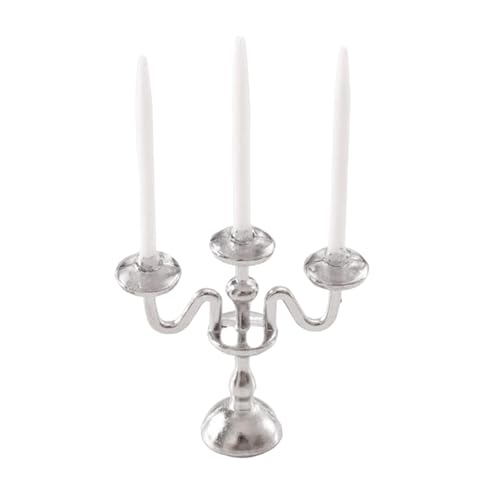 F Fityle 1/12 Puppenhaus Kerzenhalter Puppenhaus Kerzenständer Ornament Niedliches Miniaturmodell für Schrank Tisch Mittelstück Regal Dekor, Silber Und Weiß von F Fityle
