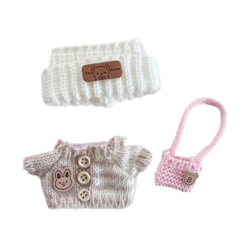 F Fityle 3 Stück Miniatur Puppe Ankleide Spielzeug, Hut Pullover Rucksack Set DIY Puppen Anzug Puppe Outifits für 15cm 17cm Anhänger Puppe, Weiß Khaki Und Pink von F Fityle