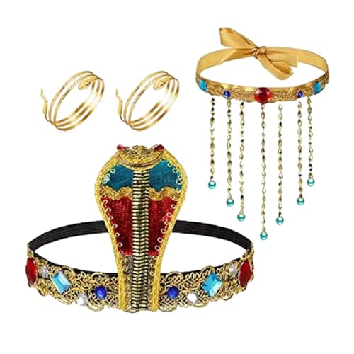 F Fityle 4-teiliges ägyptisches Kostümzubehör für Damen, Schlangenarmband, Kostüm, Schlangenperlen-Stirnband für Cosplay, Geschenk zum Geburtstag von F Fityle