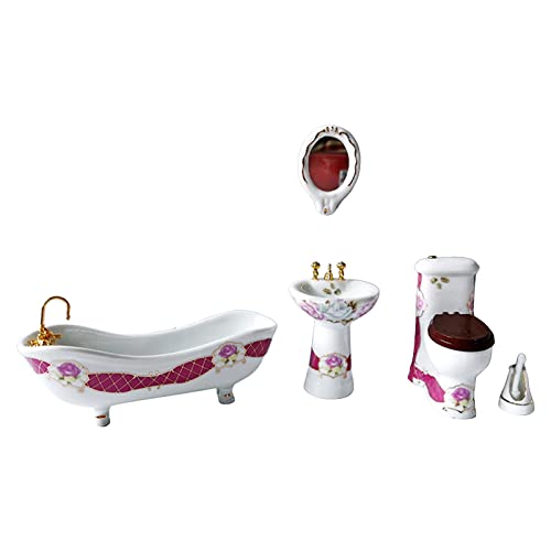 F Fityle 5 Stücke 1/12 Skala Puppe Puppenhaus Badezimmer Zubehör Möbel Miniaturen Spielzeug Mikrolandschaft Toilettenbecken Badewanne Spiegelbürste Ornamente, StilC von F Fityle