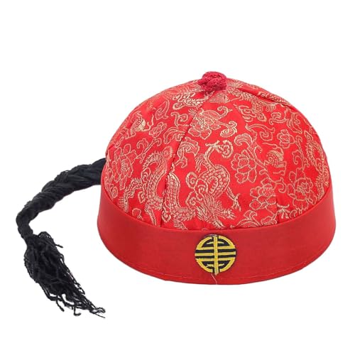 F Fityle Chinesischer orientalischer Hut mit Pferdeschwanz-Kopfbedeckung, dekorativer Mandarin-asiatischer Hut, Qing-Kaiser-Hut, Requisiten für Theater, Rot 56cm von F Fityle